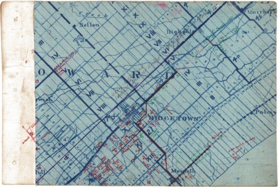 Map example 1: A map of Ridgetown with lots, concessions, well points and topographical features.